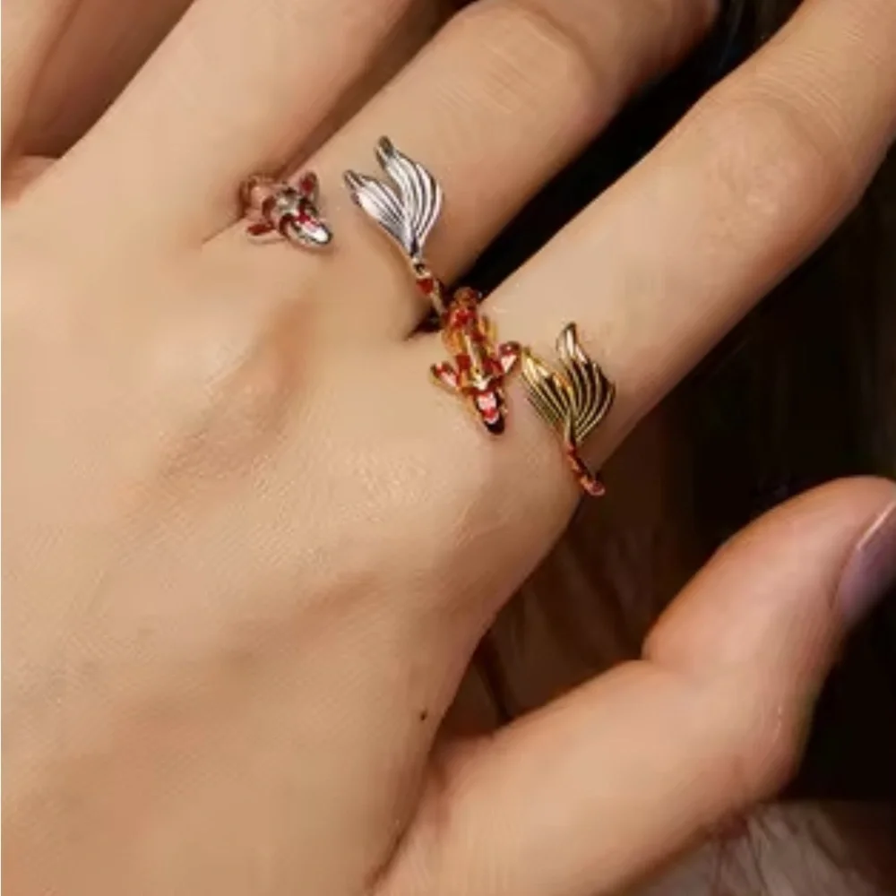 18K Gold Bohemian Lucky Koi Fish Enameled Detailing Ring Open Ring Adjustable